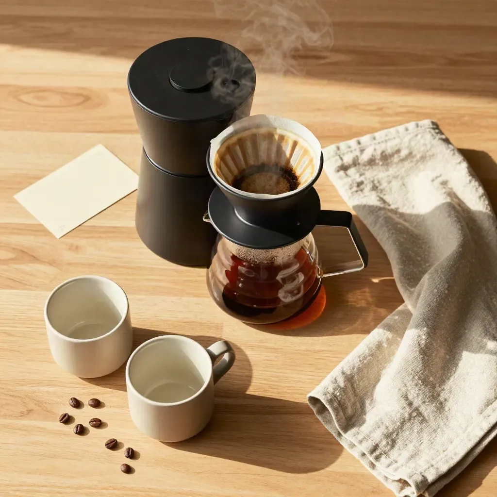Vue du dessus d’une cafetière filtre noire, carafe en verre, tasses crème et vapeur légère.