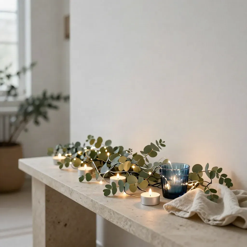 Guirlande LED en spirale avec bougies chauffe-plat et eucalyptus sur console claire.