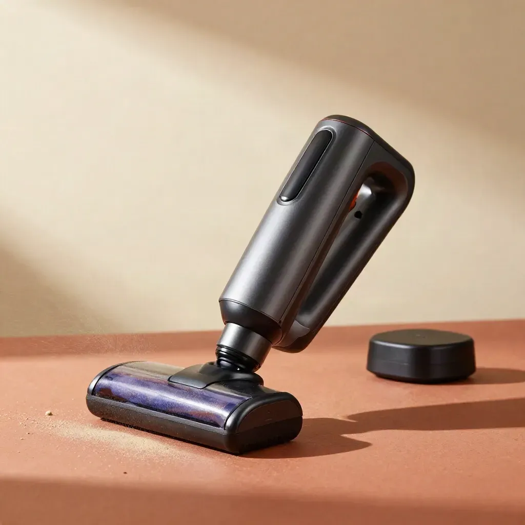 Aspirateur à main noir et gris, poussière et miettes sur fond terracotta