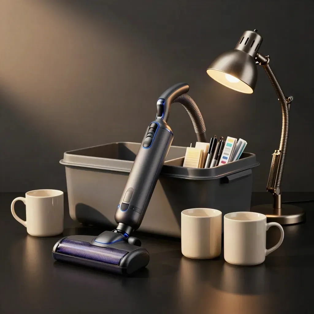 Pack maison et bureau avec aspirateur compact, mugs, boîte, papeterie et lampe sur fond sombre.