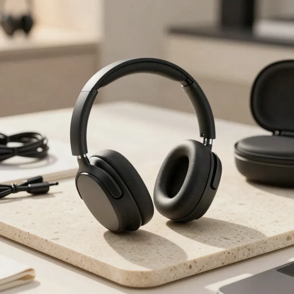 Casque audio noir mat ouvert, étui et câble sur pierre travertin, éclairage studio.