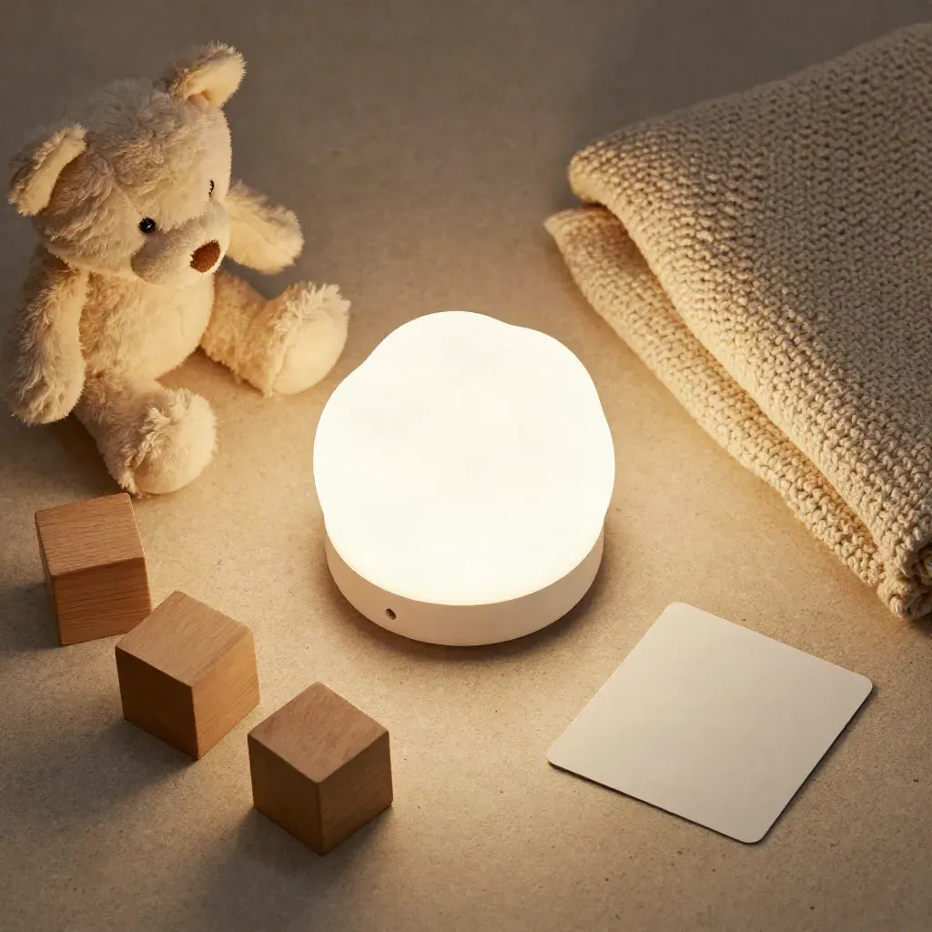 Veilleuse LED enfant blanche avec doudou, cubes en bois et couverture sur pierre claire.