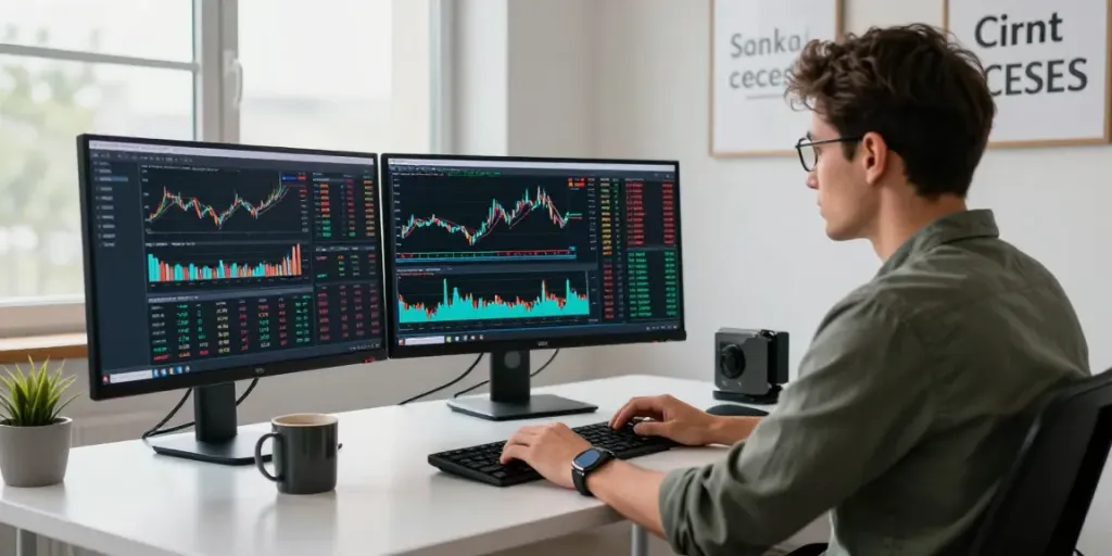 Trader utilisant la-couponeau.com dans un bureau moderne avec des écrans d'analyse de marché.