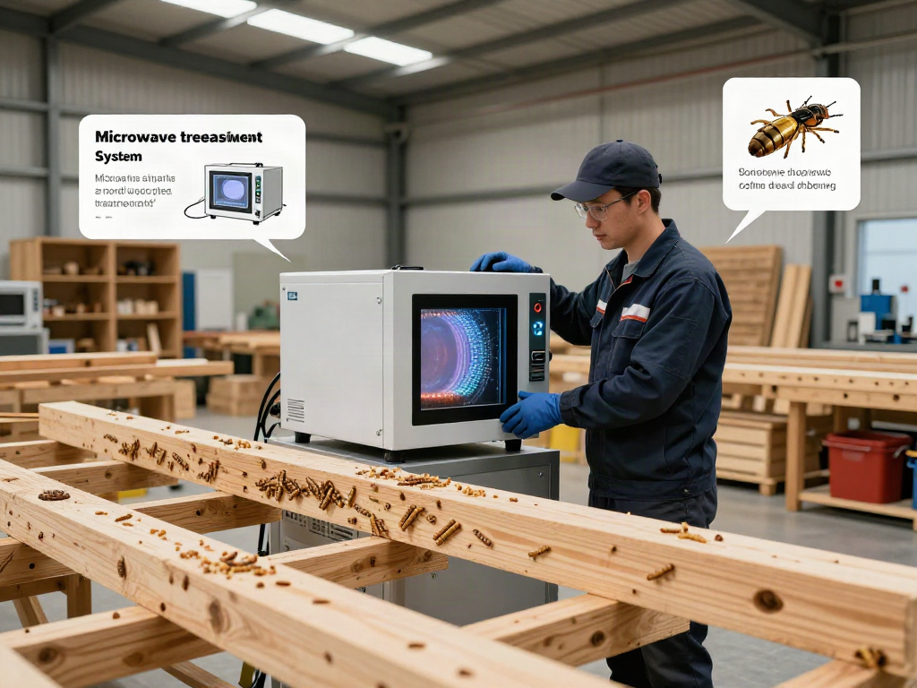 Shashel® traitement de bois dans un environnement industriel, technicien utilisant un appareil écologique.